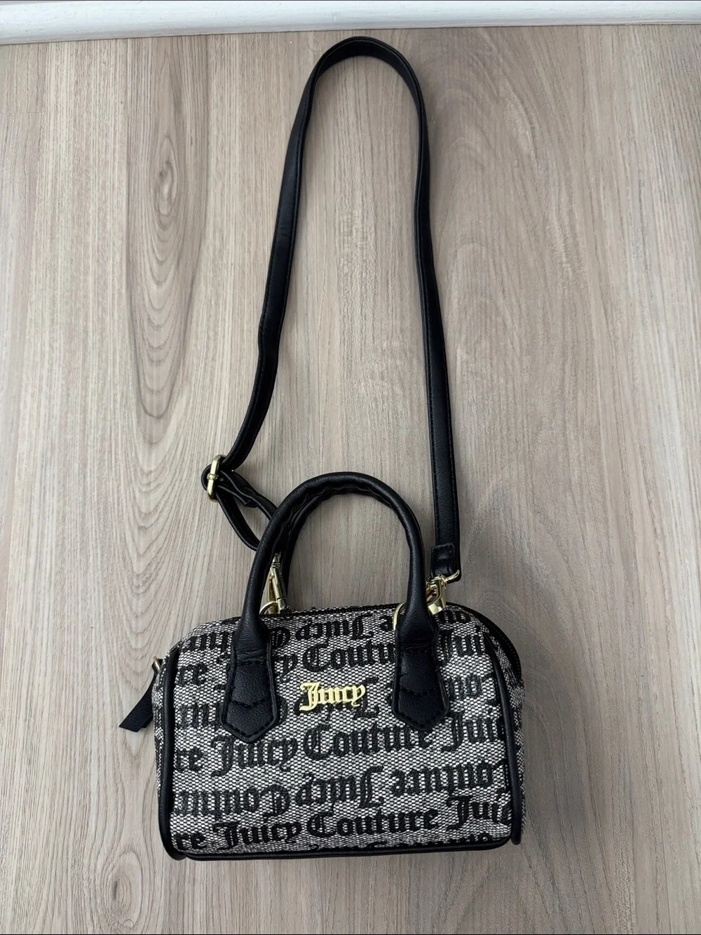 Juicy Couture Black and Beige Logo Mini Satchel with Gold Hardware